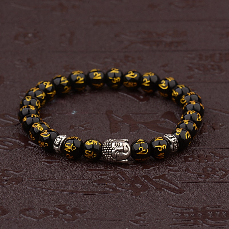 Women's Retro Tibetan Black Beads Carve Mantra Om Mani Amulet Bracelet