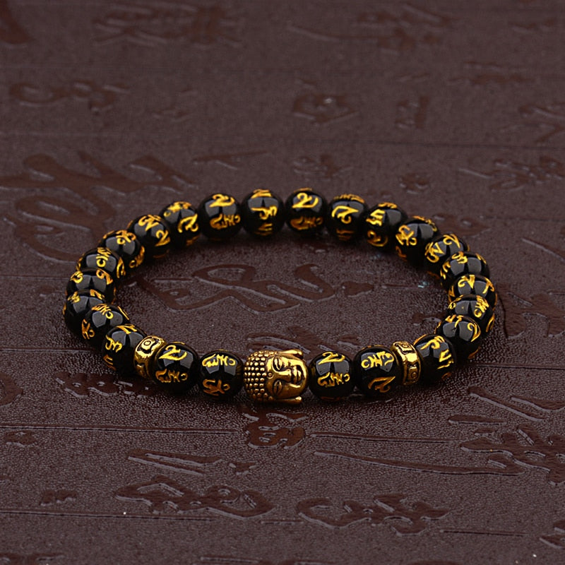 Women's Retro Tibetan Black Beads Carve Mantra Om Mani Amulet Bracelet