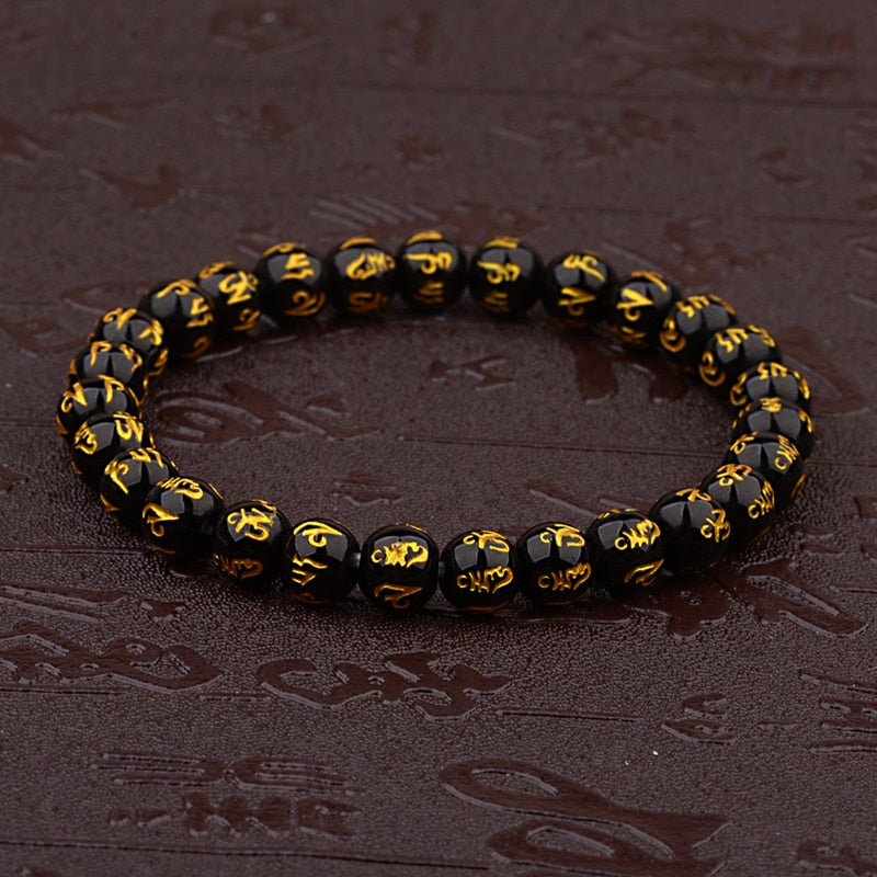 Women's Retro Tibetan Black Beads Carve Mantra Om Mani Amulet Bracelet