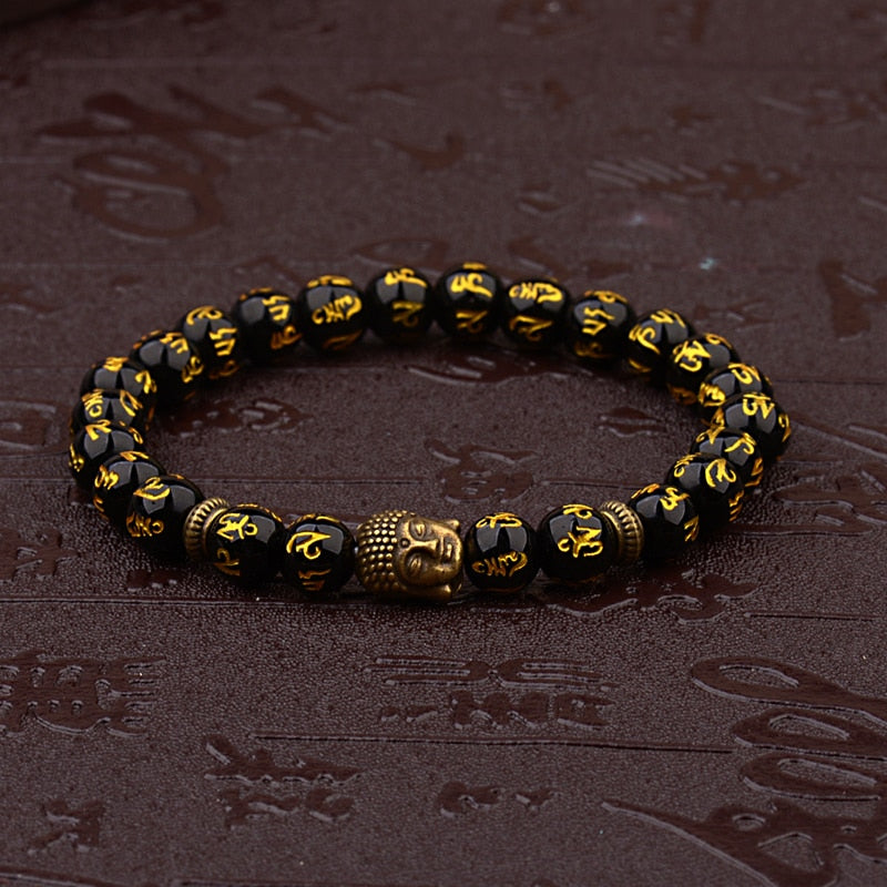 Women's Retro Tibetan Black Beads Carve Mantra Om Mani Amulet Bracelet