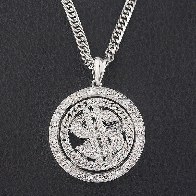 European Hip Hop Street Dollar Turntable Necklace Rap HIPHOP Rotatable Dollar Pendant More And More Earned