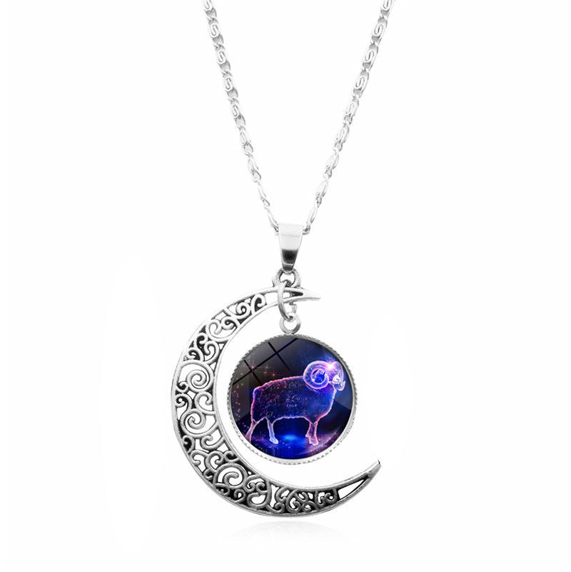 Starry Sky Animal 12 Constellation Moon Necklace Time Stone Pendant