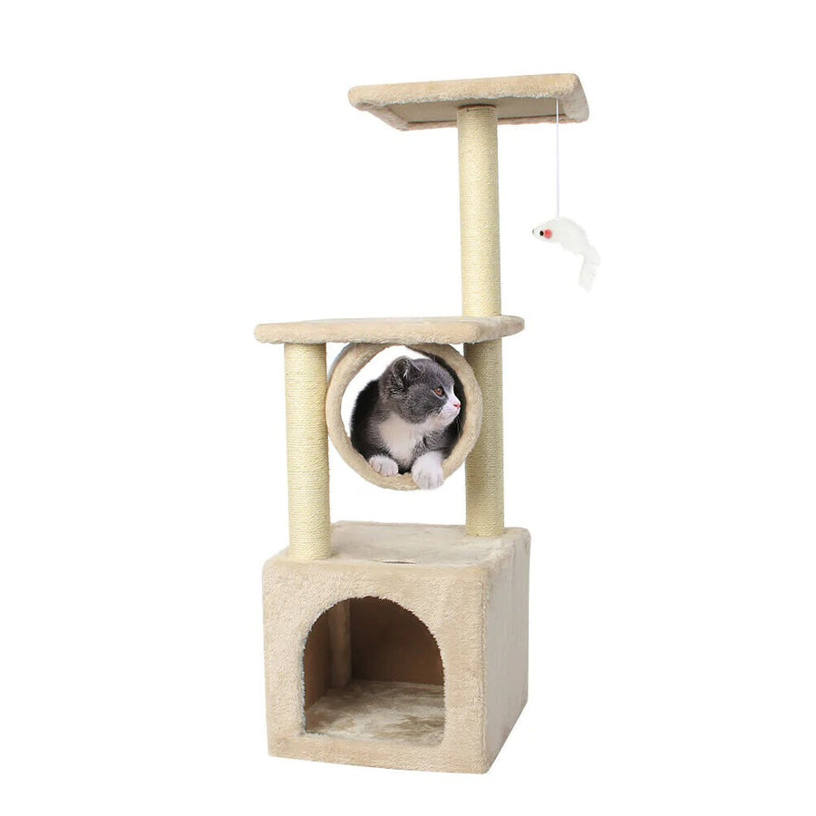 Happy kitty playing with toy mouse on Cat Tree House Tower