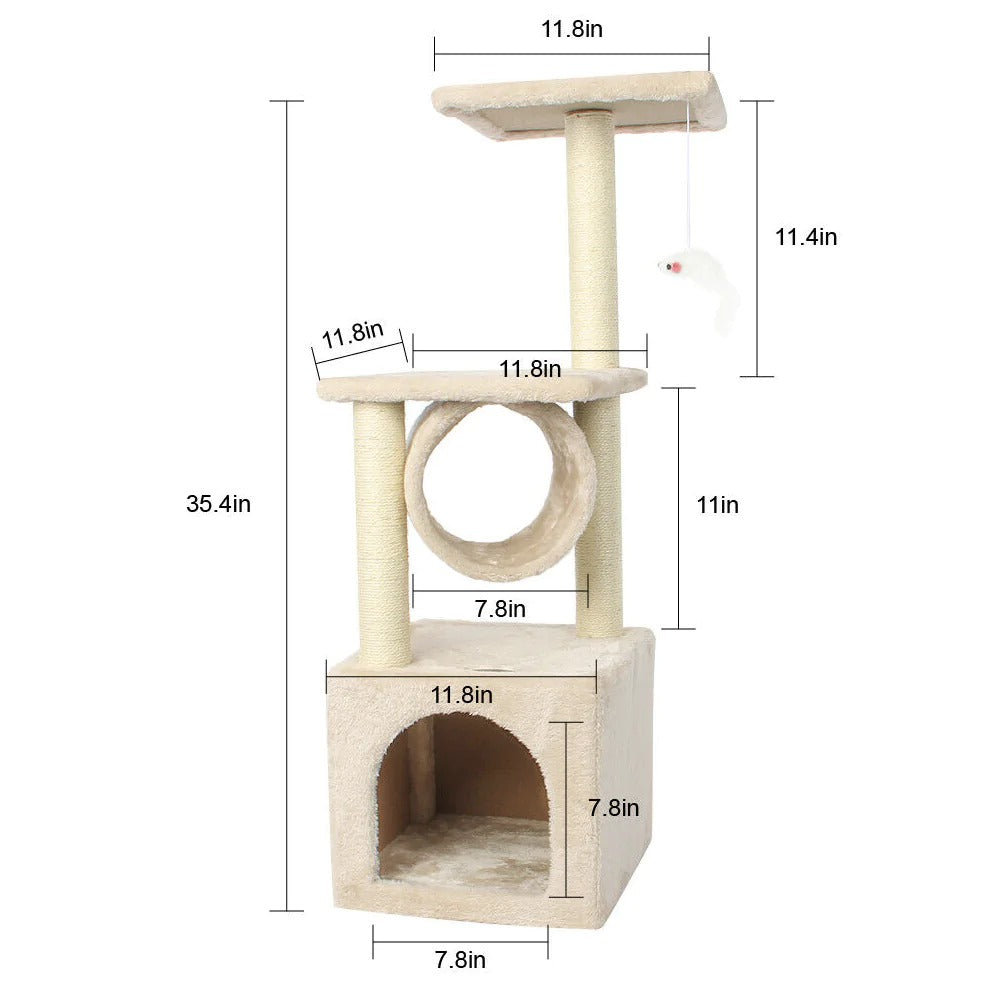 Cat stretching on circle resting spot of Cat Tree House Tower