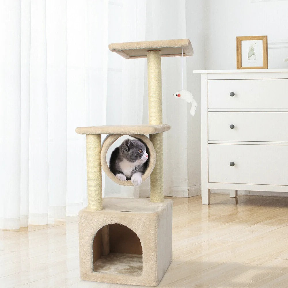 Cat enjoying scratching post on Cat Tree House Tower