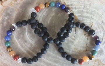 Aromatherapy Chakra Diffuser Bracelet: Handmade gemstone bracelet with porous black lava stones.