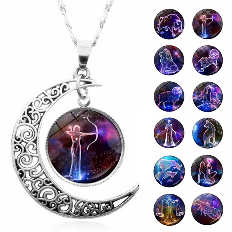 Starry Sky Animal 12 Constellation Moon Necklace Time Stone Pendant