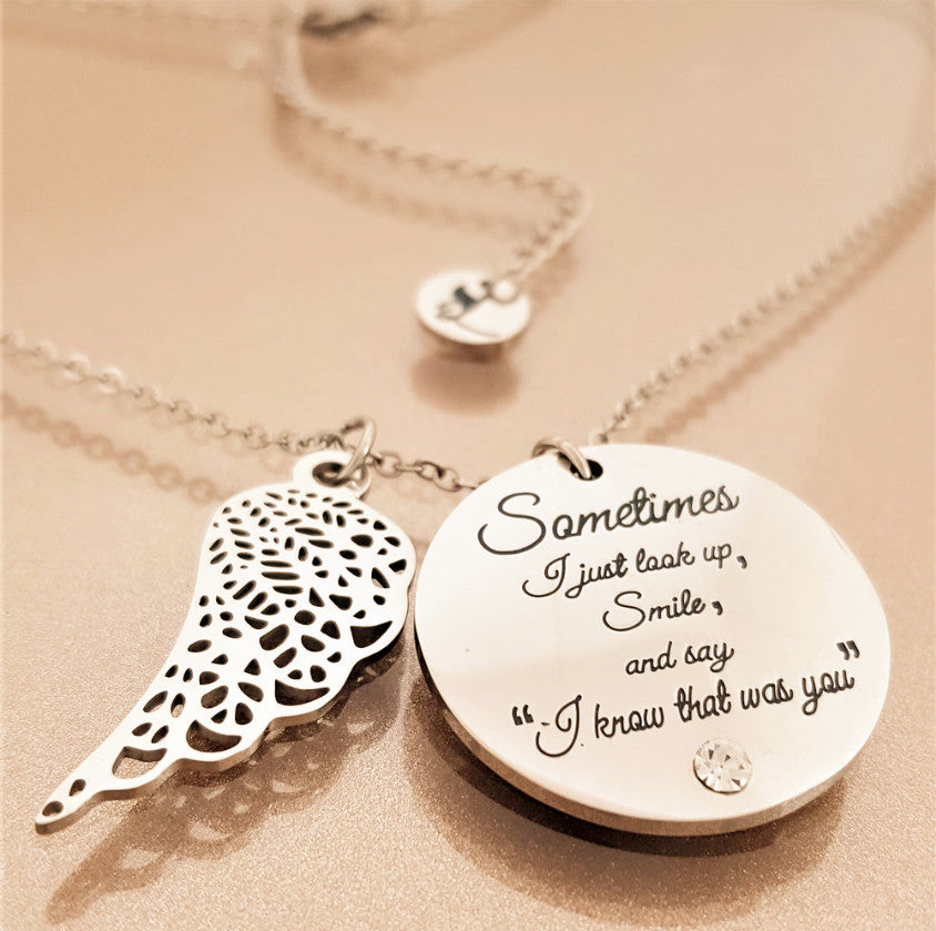 Angel Wings Pendant Necklace with Round Diamond Letters