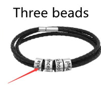 Personalized Mens Braided Genuine Leather Bracelet Stainless Steel Custom Beads Name Charm Bracelet For Men With Family Names