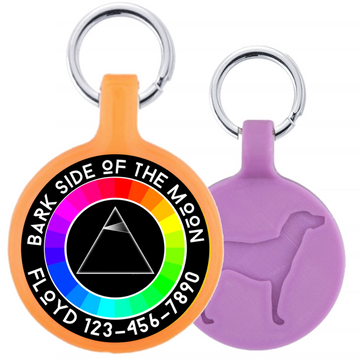 Customizable pet ID tag featuring Pink Floyd's Bark Side of the Moon design.