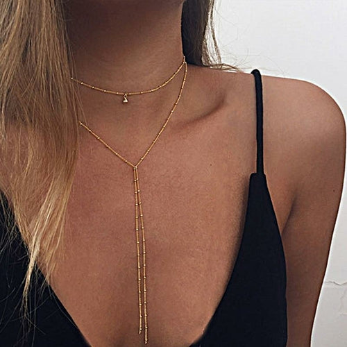 Double Lariat Choker Necklace - Adjustable Length, High-Quality Zinc Alloy